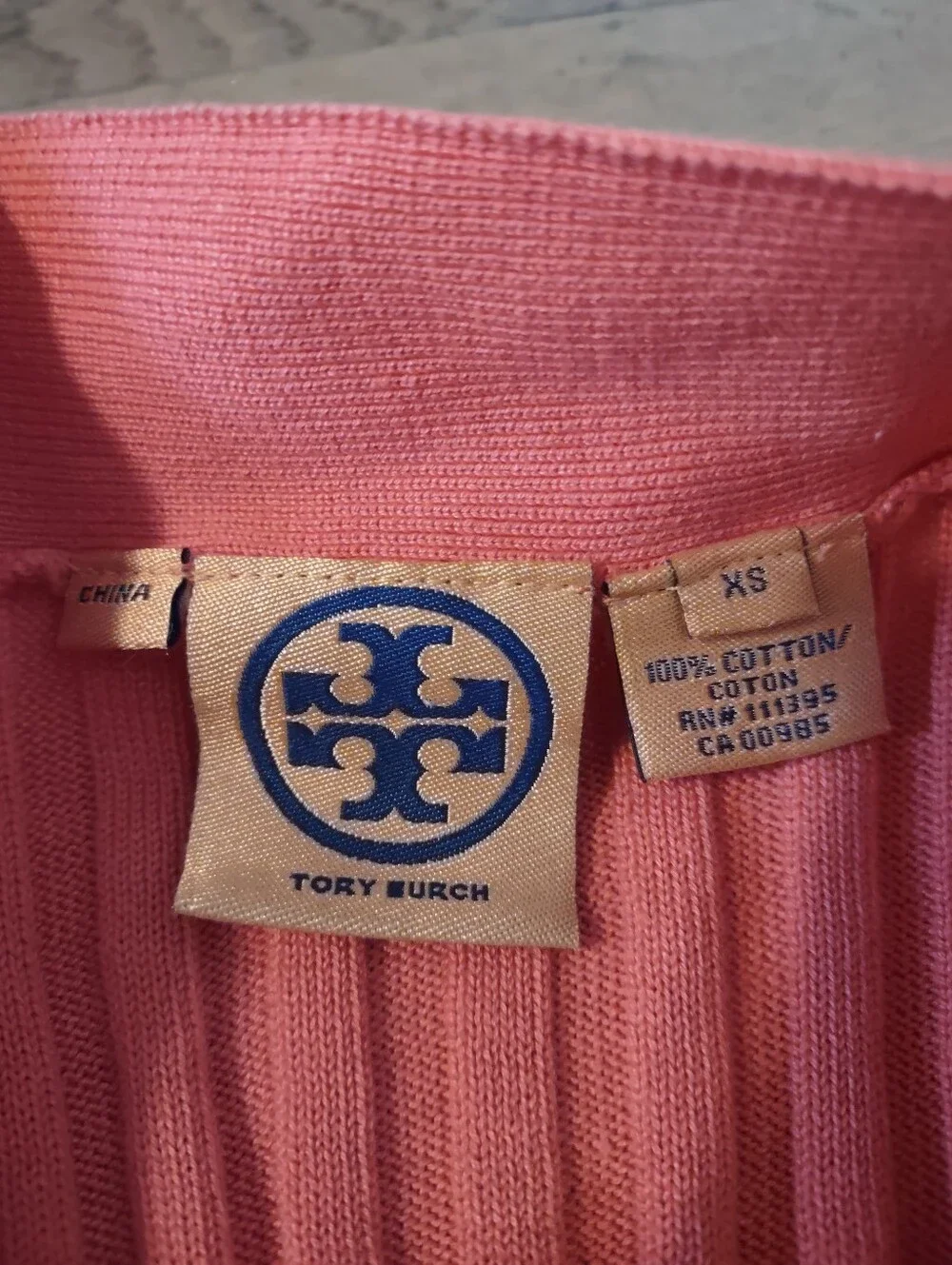 Tory Burch coral orange ribbed cardigan with logo buttons size XS 100% cotton